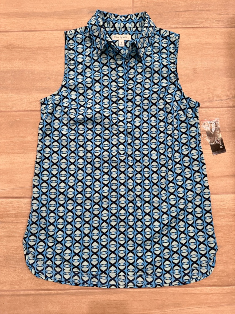 Kim Rogers Blue Sleeveless Geometric Print Collared Top- NEW with Tags - Small